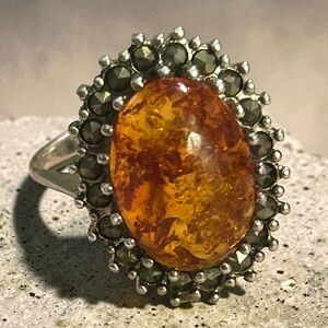 Vintage Signed Stamped Genuine Baltic Amber Sterling Silver Marcasite Ring